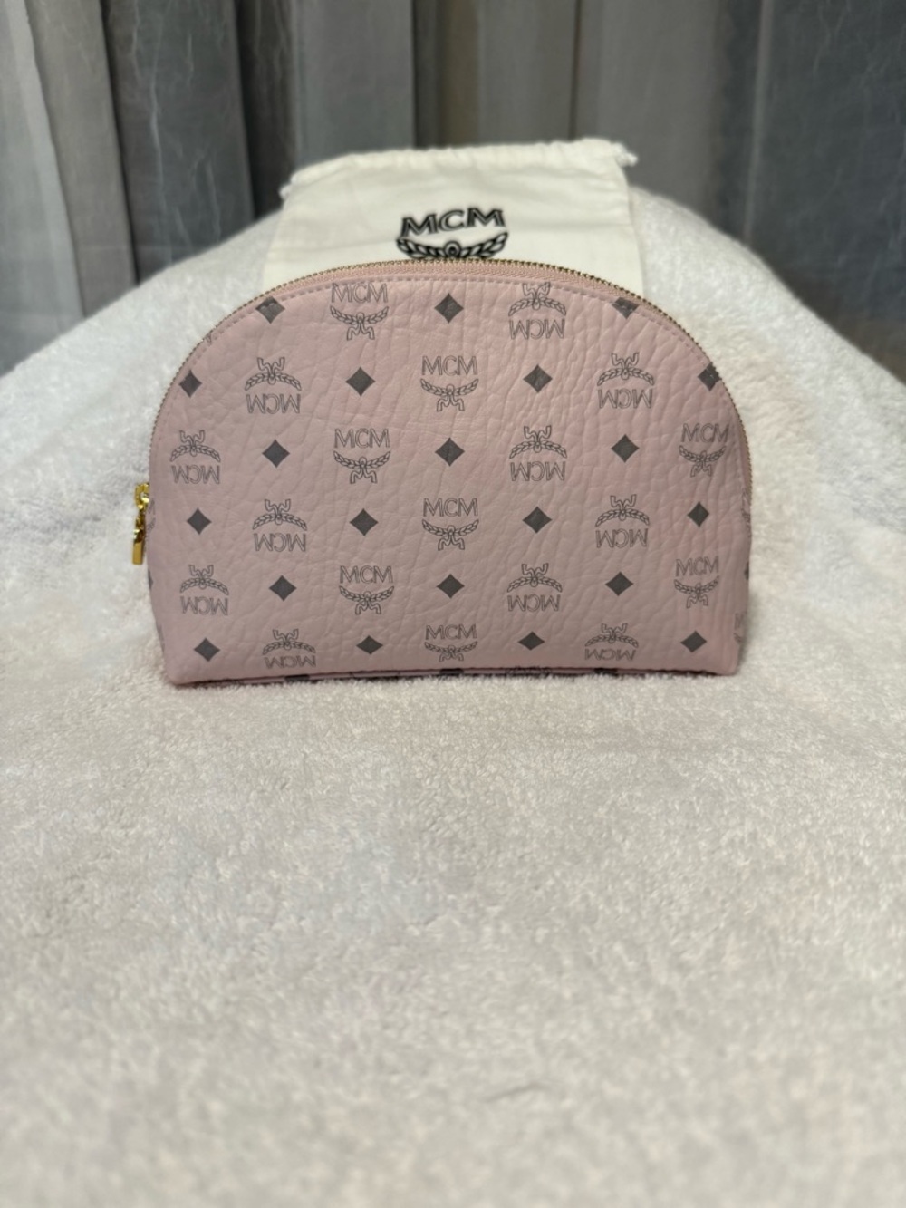 MCM Pink Logo Cosmetic Pouch with Gold Hardware